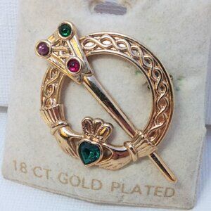 Sol D'Or 18ct Gold Plated Cladagh Pin Brooch Green Stone Ireland Kilt Pin Irish